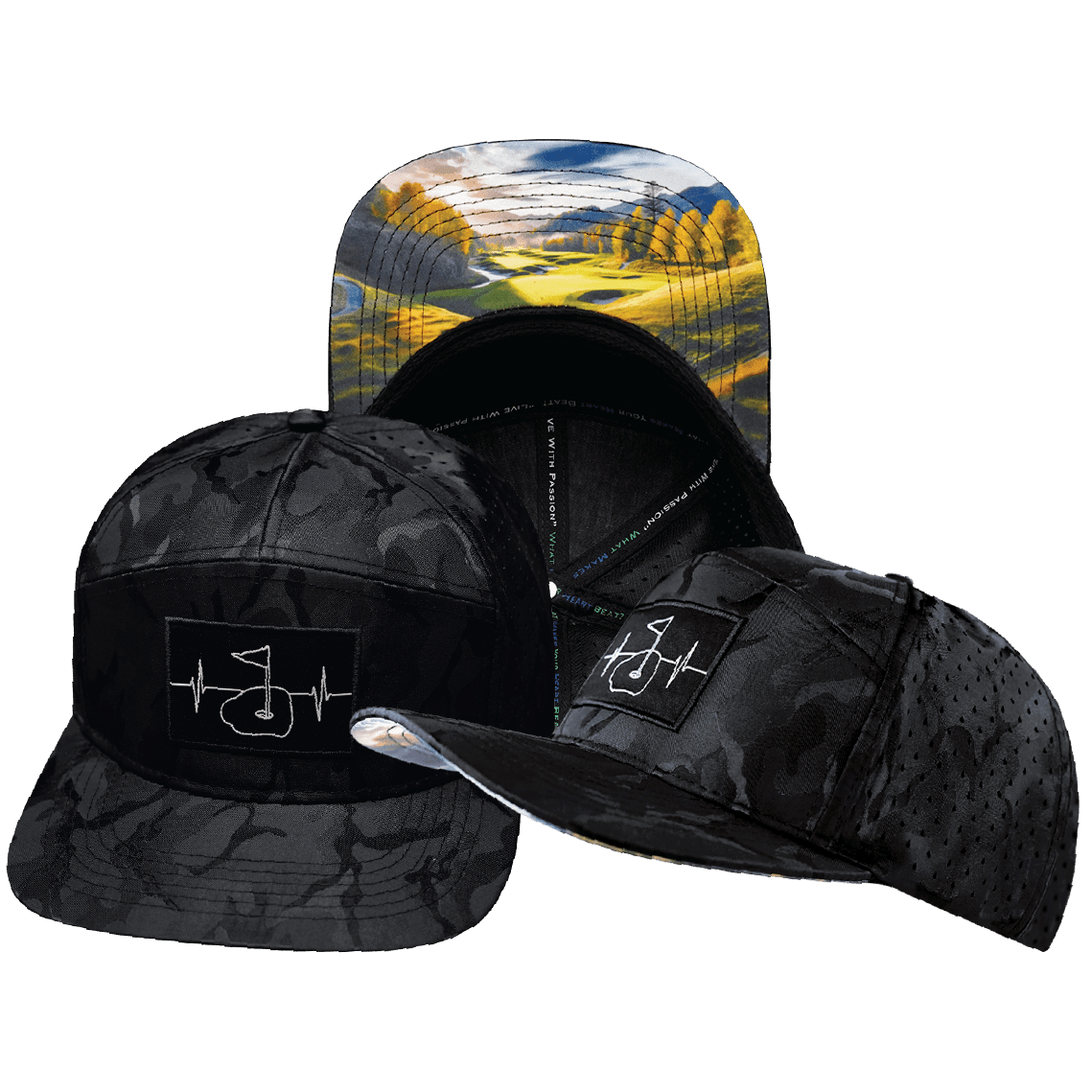 Golf Hat - Flat Bill - Black Camo - Laser Mesh
