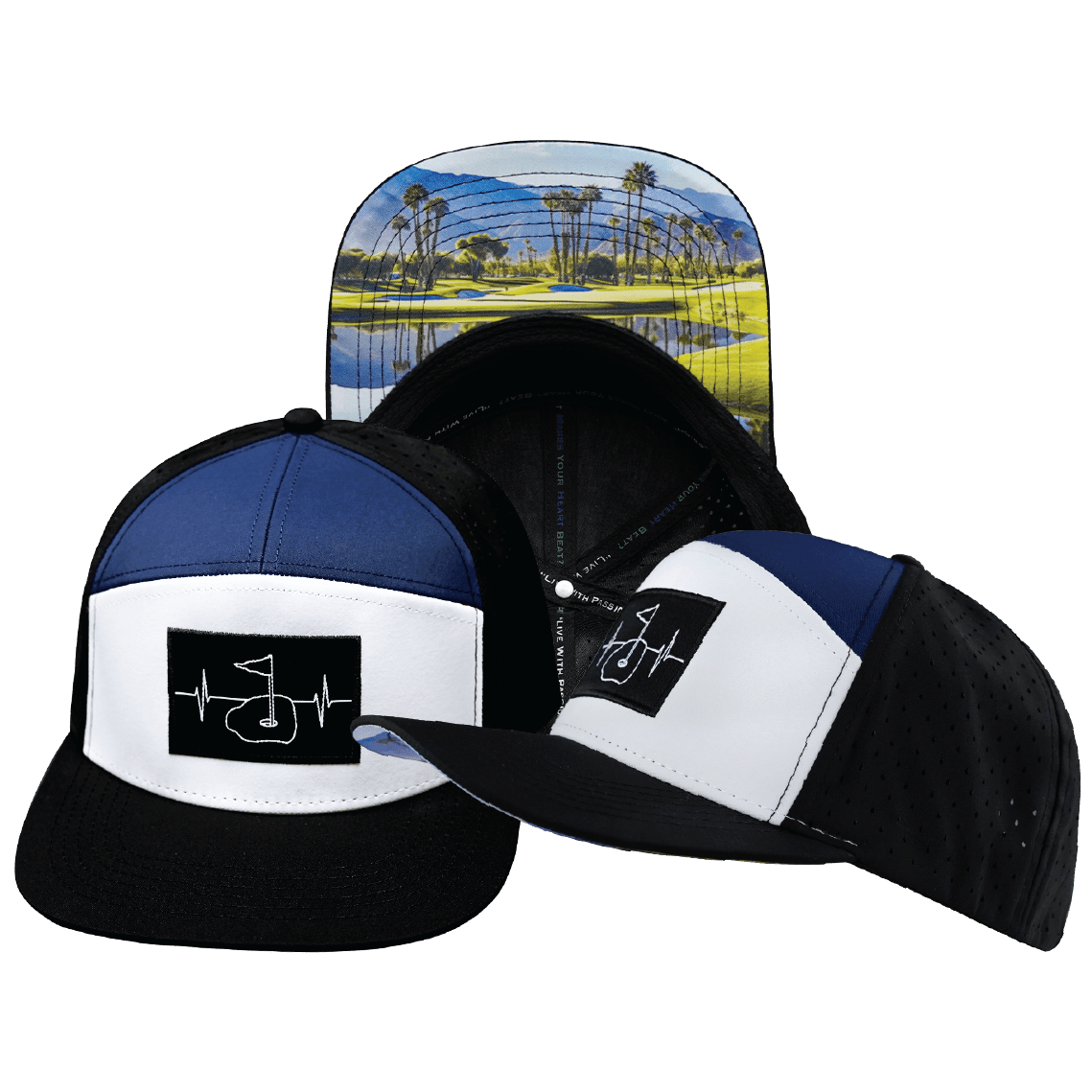 Golf Hat - Flat Bill - Black / White / Navy - Laser Mesh