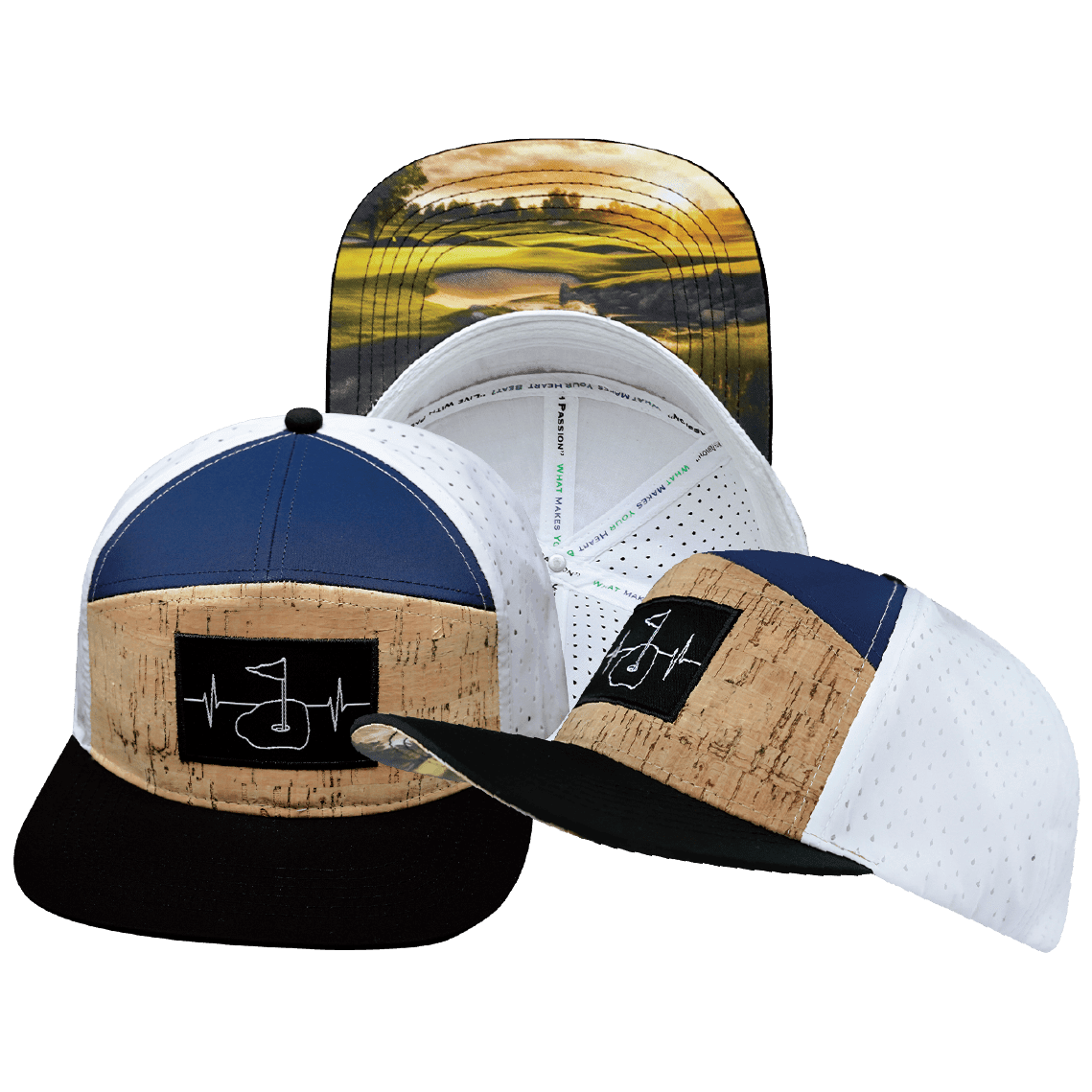 Golf Hat - Flat Bill - Cork - Black / Navy / White - Laser Mesh