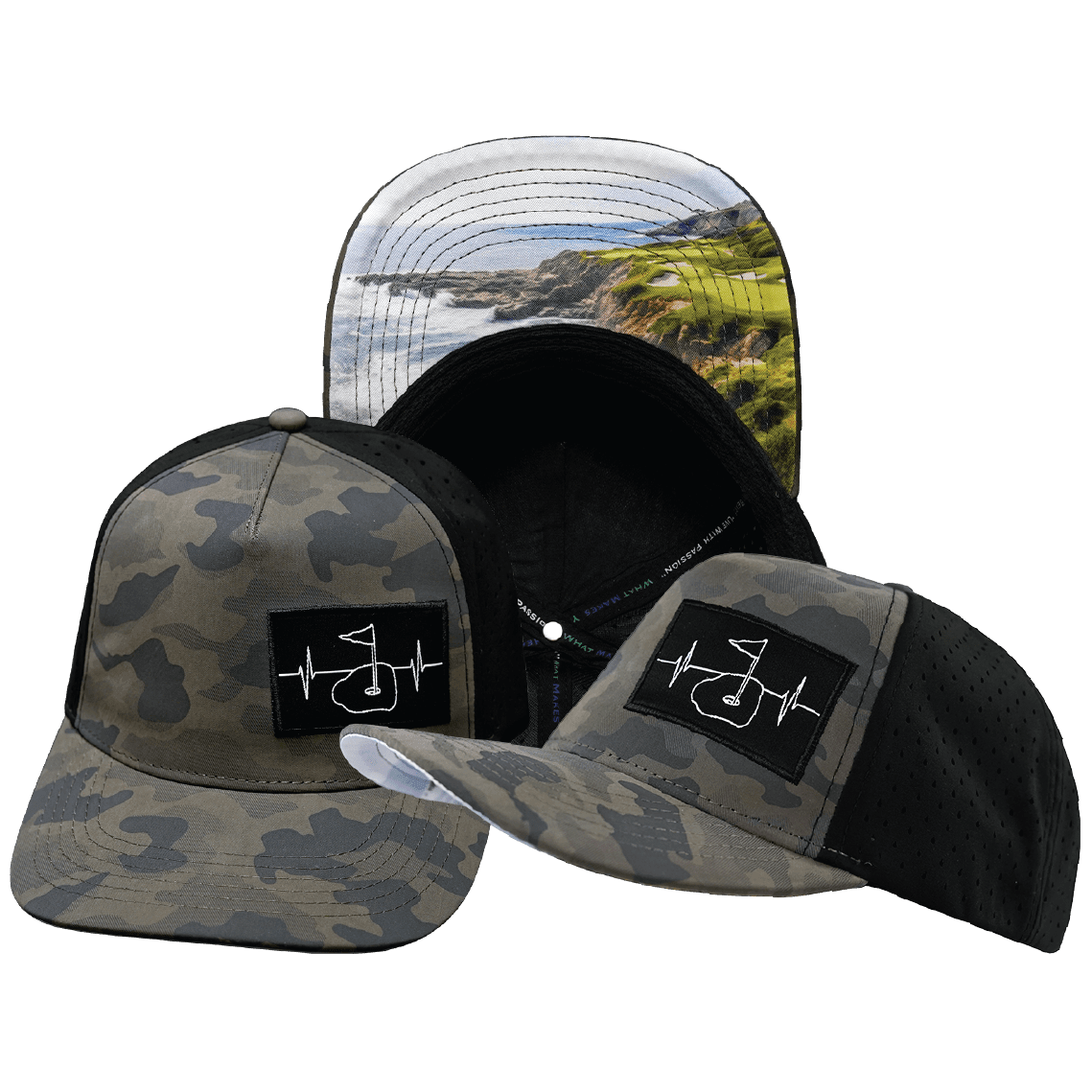 Golf Hat - Trucker Hat - Soft Charcoal Camo / Black - Laser Mesh
