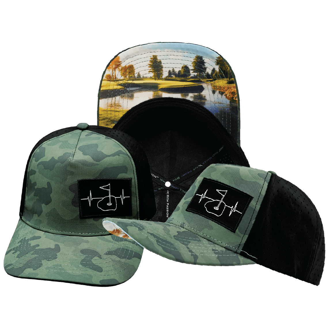 Golf Hat - Trucker Hat - Soft Teal Camo / Black - Laser Mesh
