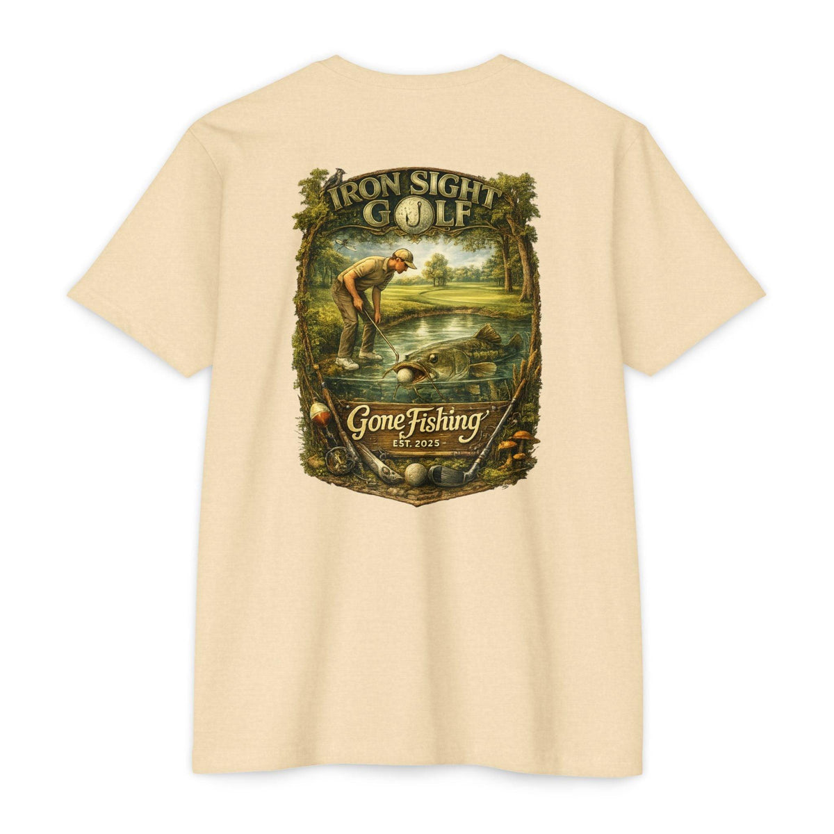 Gone Fishing Catfish Golf T-Shirt — Iron Sight's Ball in the Water