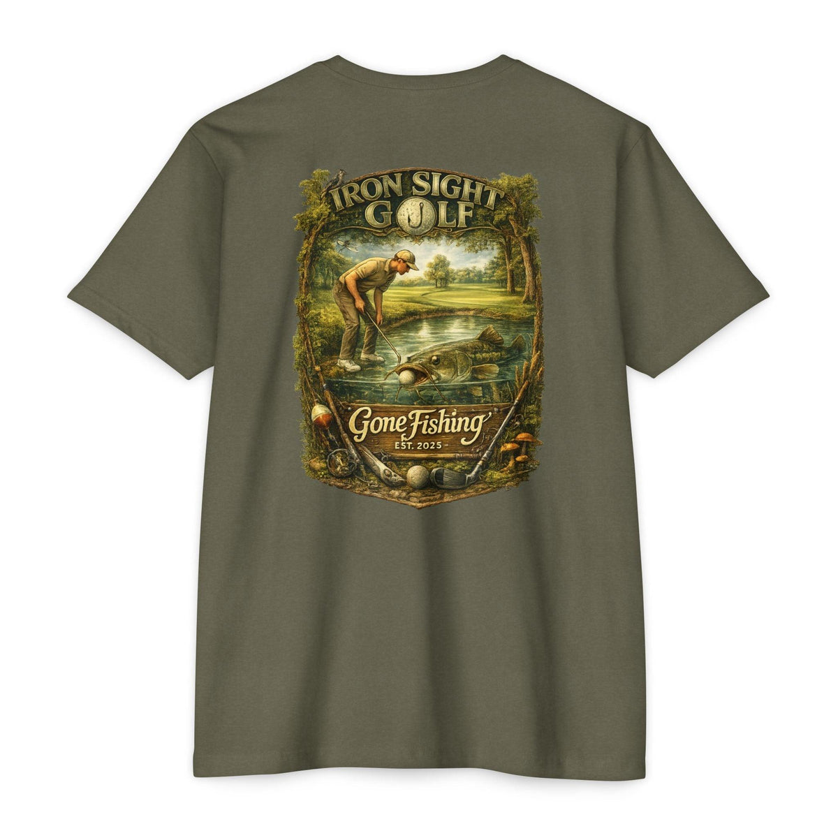 Gone Fishing Catfish Golf T-Shirt — Iron Sight's Ball in the Water