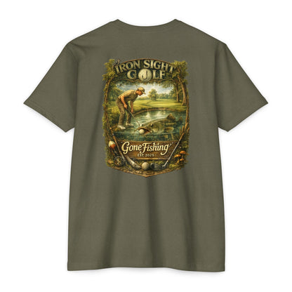 Gone Fishing Catfish Golf T-Shirt — Iron Sight's Ball in the Water