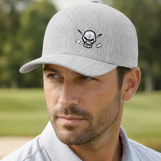 Skull Design Fitted Golf Hat (Light Heather Grey)