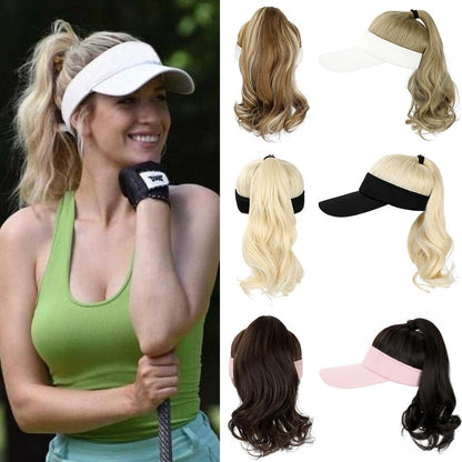 Golf Ponytail Extension Hair Synthetic Wig Curly Wavy Wigs with Visor Hat hair Wigs for Women