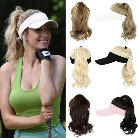 Golf Ponytail Extension Hair Synthetic Wig Curly Wavy Wigs with Visor Hat hair Wigs for Women