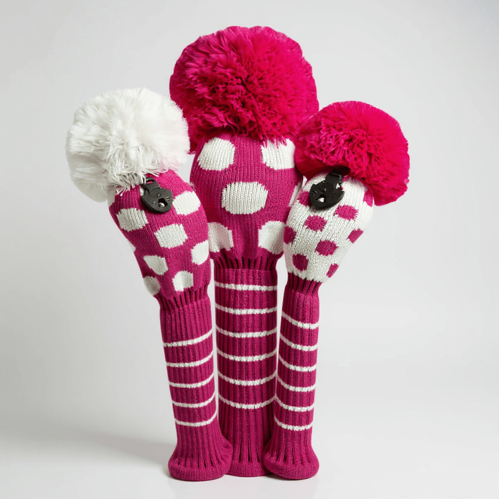 Pink & White Dot Knit Headcover Set (Driver, Wood, Hybrid) - Just4Golf