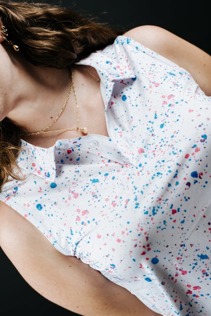 Womens White Paint Splatter Polo
